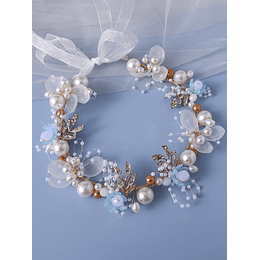 Faixa de cabelo de noiva com decoração de pérolas artificiais e cristais