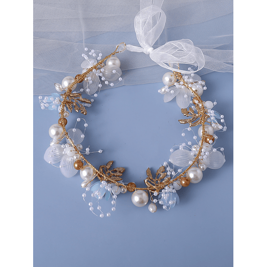 Faixa de cabelo de noiva com decoração de pérolas artificiais e cristais