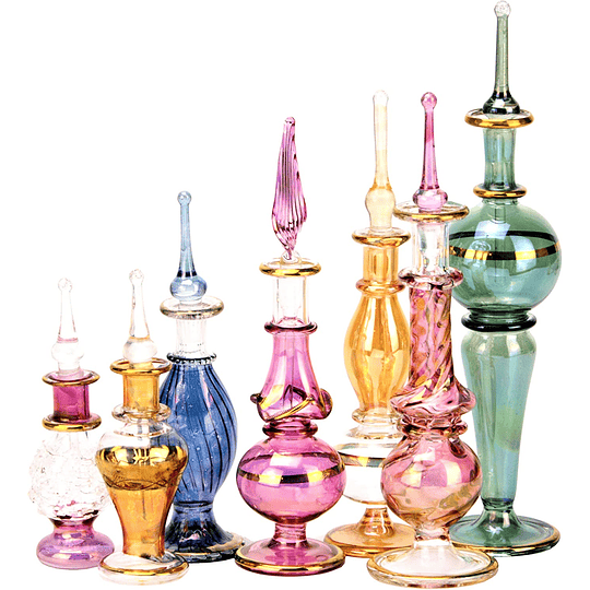 Conjunto de 12 frascos de perfume egípcios, design decorativo soprado à mão, 2 a 5 polegadas, com decoração egípcia dourada feita à mão, para perfumes e óleos essenciais