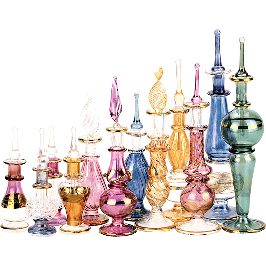Conjunto de 12 frascos de perfume egípcios, design decorativo soprado à mão, 2 a 5 polegadas, com decoração egípcia dourada feita à mão, para perfumes e óleos essenciais