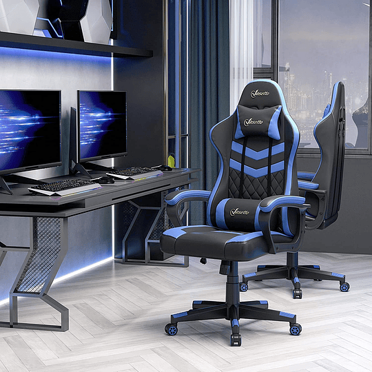 Cadeira Gaming ergonómica cadeira de secretária de escritório altura regulável basculante com encosto de cabeça almofada lombar 61 x 70 x 121-129 cm azul