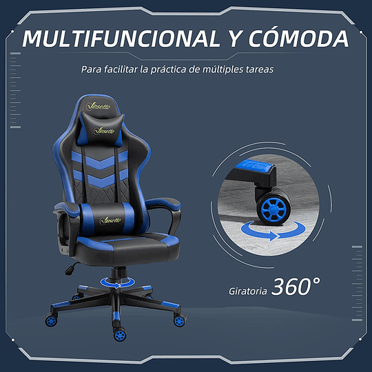 Cadeira Gaming ergonómica cadeira de secretária de escritório altura regulável basculante com encosto de cabeça almofada lombar 61 x 70 x 121-129 cm azul