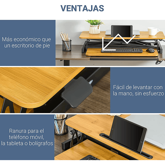 Conversor de mesa de pé com altura ajustável de 13,5 - 51 cm bandeja para teclado removível e plataforma de 80 x 40 cm estação de trabalho em madeira natural