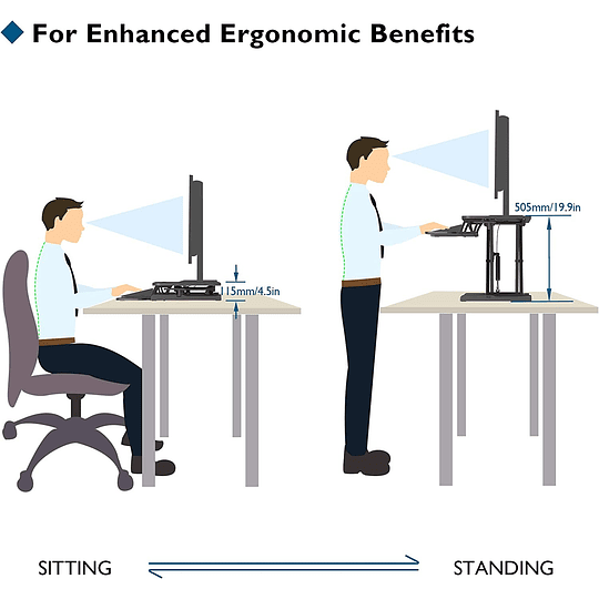 Conversor de mesa sentado/em pé, estação de trabalho de 2 níveis ajustável em altura, com plataforma de 80 x 40 cm, elevador ergonómico, ecrã de PC, portátil até 15 kg (pret...