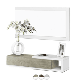 Hall moderno com gaveta e espelho em branco e cimento, ou carvalho