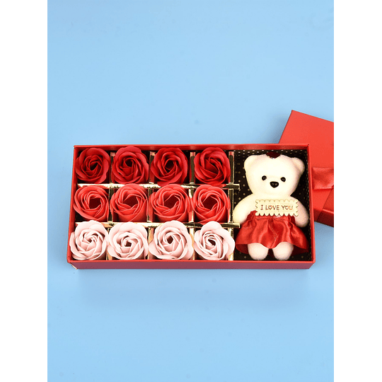 12 peças Cabeça de flor artificial & 1peça brinquedo urso de desenho animado & 1peça embalagem de presente