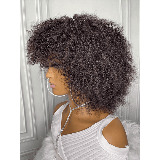 Peruca de cabelo humano curto afro encaracolado com franja