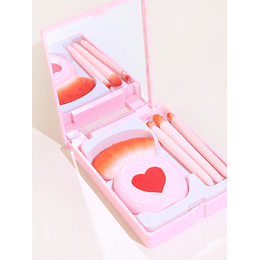 4pcs Impressão de coração Conjunto de pincéis de maquiagem &amp; Caixa de armazenamento Com espelho