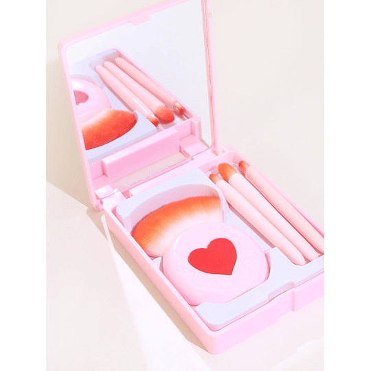 4pcs Impressão de coração Conjunto de pincéis de maquiagem & Caixa de armazenamento Com espelho