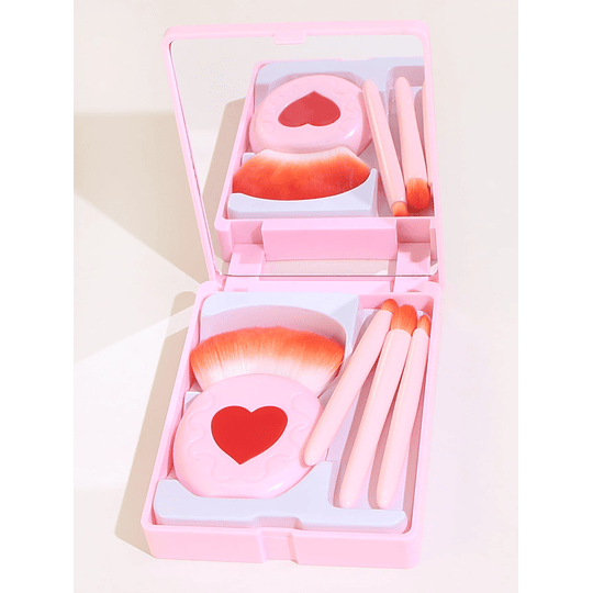 4pcs Impressão de coração Conjunto de pincéis de maquiagem & Caixa de armazenamento Com espelho