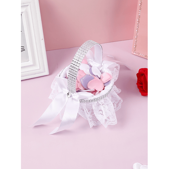 1peça Cesto de flores de casamento branco flor menina poliéster decoração de pérola falso acabamento de babados para casamento festa