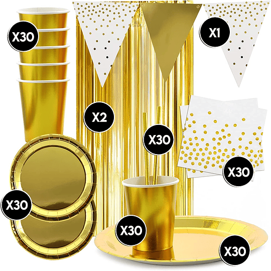 129 unidades louça descartável de aniversário para 30 pessoas. Inclui pratos, copos, guardanapos, palhinhas e guirlanda. Decoração de aniversário elegante para adultos (dourado)