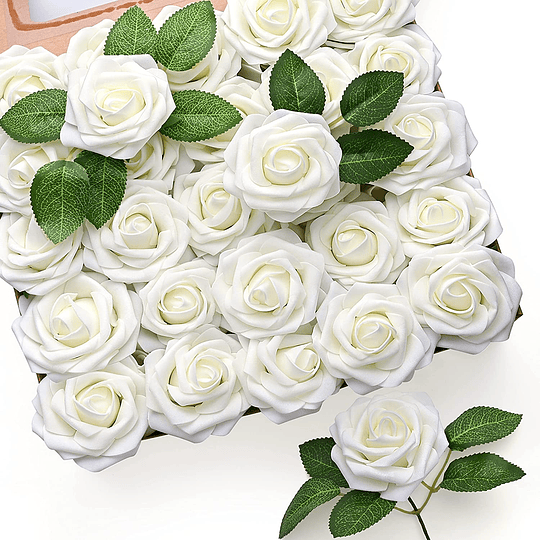 50 peças de flores rosas artificiais, rosas brancas realistas rosa falsa de espuma com haste para trabalhos manuais casamentos ramos de noiva centros de mesa duche festa decoração...