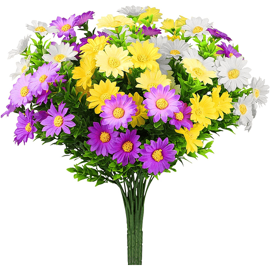Flores artificiais para decoração, 10 ramos de flores falsas de margaridas com 5 cores, resistentes a raios UV exteriores interiores para pendurar, jardim, alpendre, janela, casame...