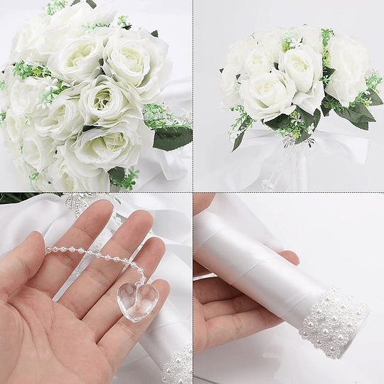 Ramo de noiva e boneca, rosa de casamento, ramo de flores coreanas, cor branca, ramo de noiva, ramo de flores artificiais com imitação de diamantes para casamento