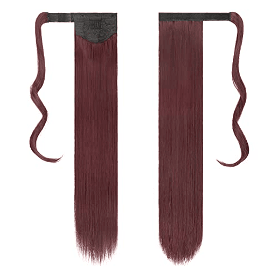 Extensões de cabelo postiças, rabo de cavalo em fibras sintéticas, cabelo liso longo 71 cm/61 cm, 150 g/125 g Vino Tinto