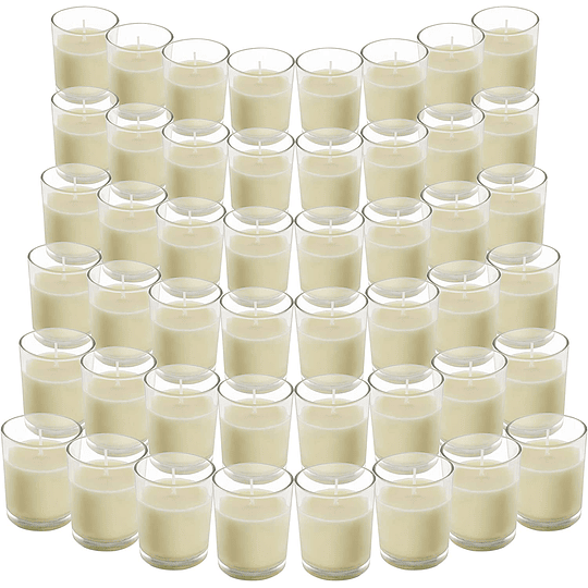 Velas em copo de vidro (embalagem de 48), velas brancas votivas sem aroma, funcionamento de 12 horas, suporte de velas de cera transparente vertida à mão, para casamentos, SPA, cas...
