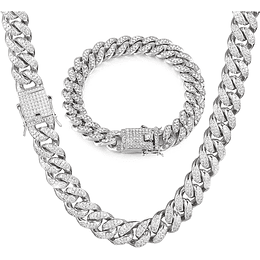 Corrente cubana homens Iced Out, 13 mm homens Miami banhado a platina prata a ouro branco gargantilha colar pulseira, conjunto completo de diamantes (20 pol.), Zinco, Zircónia cúbi...