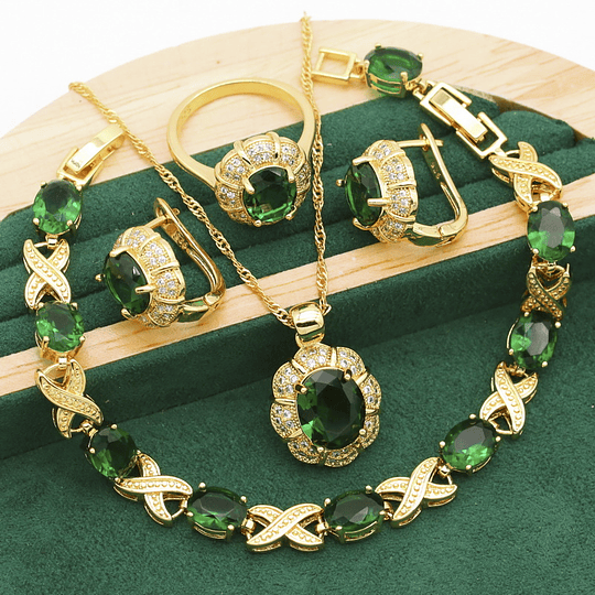 Novidade, conjunto de joias cor dourada para mulher, zircônia verde, pulseira, brinco, clipe, colar, pingente, presente, 4 peças
