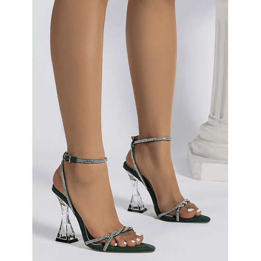 Sandálias decoração de strass claro salto escultórico cinta de tornozelo camurça falso