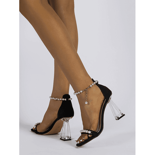 Sandálias decoração de pérolas artificiais transparente salto camurça falso cinta de tornozelo