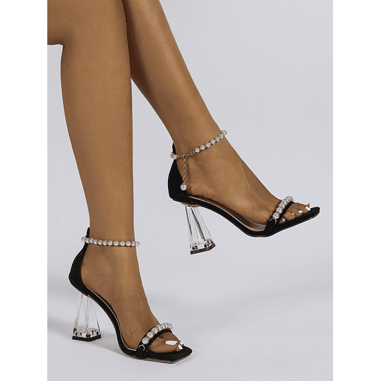 Sandálias decoração de pérolas artificiais transparente salto camurça falso cinta de tornozelo