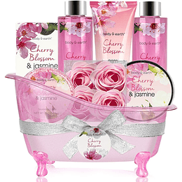 Cesto presente mulher, Conjunto de banho mulher com banheira de plástico de 8 peças com fragrância a flor de cerejeira e jasmim kit de banho mulher perfeito presente ou relaxa...