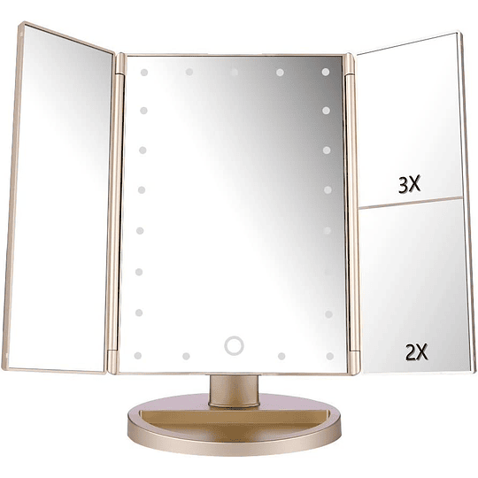 Espelho de maquilhagem com iluminação LED, espelho de mesa com ampliação 1x/ 2x/3x, dobrável com rotação 180°, ecrã tátil, para homem e mulher