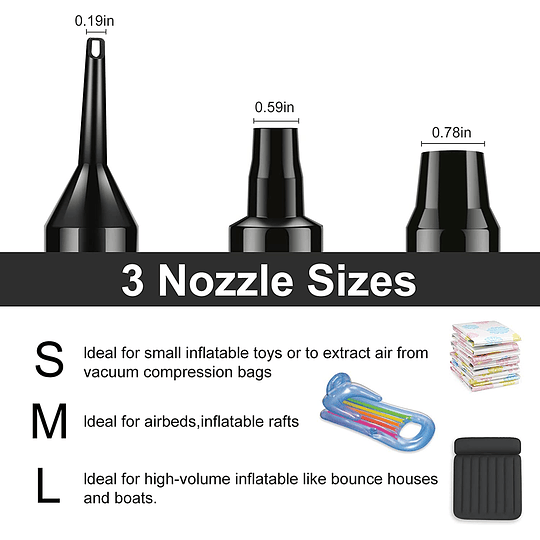 Bomba de ar elétrica, bomba de ar portátil para insuflar/esvaziar, garrafa insuflável, colchão de ar, brinquedos insufláveis, com 3 bocais, 230 V AC (não recarregável)