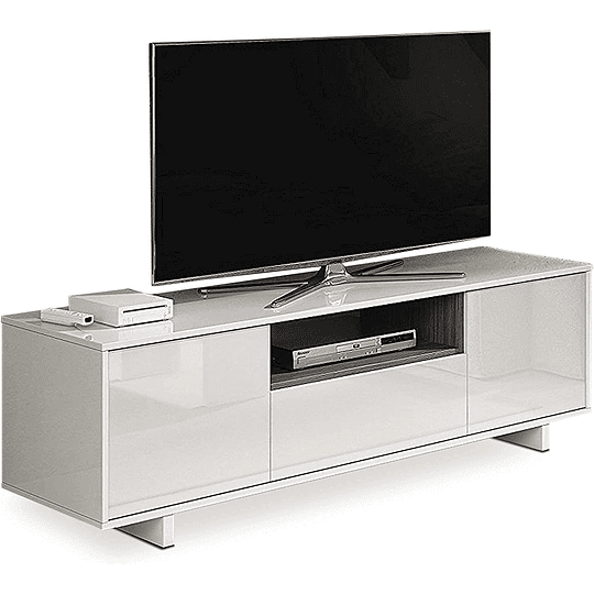 Modulo de TV, móveis de salão, conjunto de móveis, modelo Zaira, acabamento em branco brilho e cinza, medidas: 150 cm (largura) x 46 cm (altura) 41 cm (fundo)