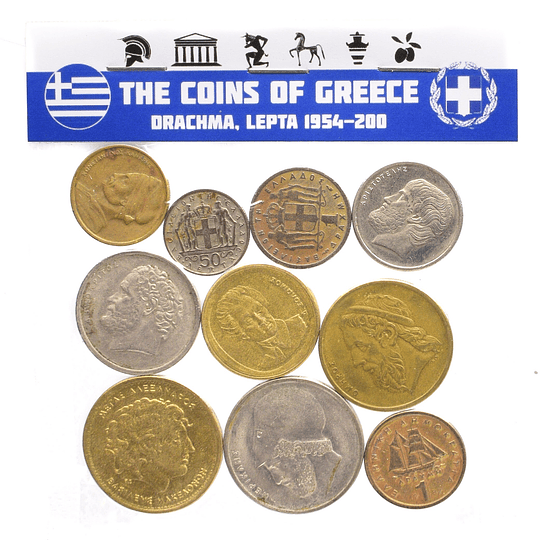 Moedas gregas antigas colecionáveis ​​Grécia Dinheiro Moeda Dracmas Lepta Símbolos antigos Aristóteles Demócrito Péricles Poetas Fênix desde 1954