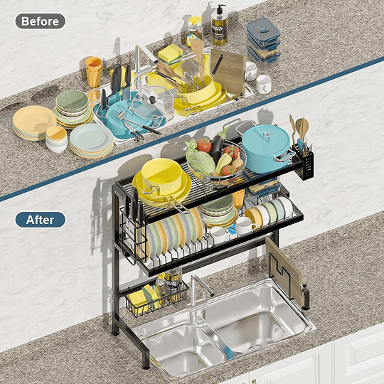 Escorredor de pratos sobre lava-louças, organizador de cozinha, prateleira de secagem de pratos de aço inoxidável de 3 níveis, com suporte para utensílios, comprimento 64 cm,...