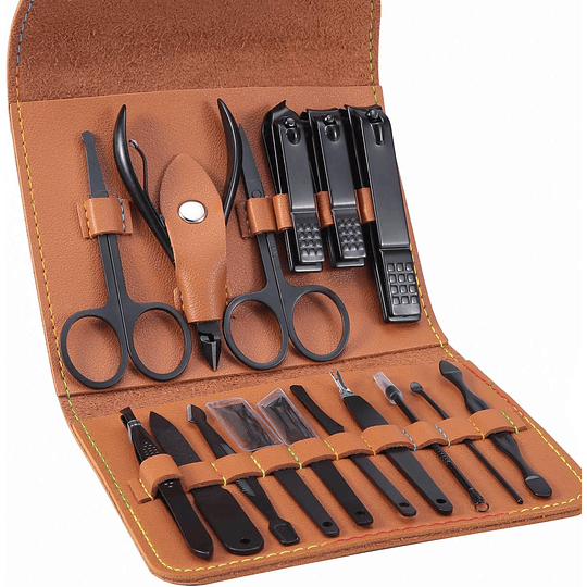 Conjunto de manicure pedicure 16 peças profissionais corta-unhas em aço inoxidável com estojo de viagem de couro luxuoso (preto) 