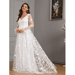 Vestido de casamento gola v bordado floral sobreposição de malha maxi