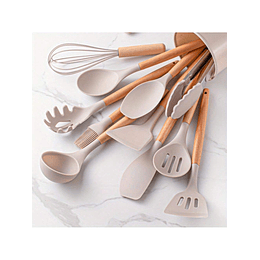 Conjunto De 12 Peças, Conjunto De Utensílios De Cozinha De Silicone Cáqui Com Cabo De Madeira, Conjunto De Utensílios De Cozinha Seguros, Conjunto De Ferramentas De Cozinha Antiade...