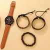 4 Peças Conjunto De Relógio Masculino Novo Luxo Conjunto De Pulseira De Couro Marrom Para Negócios Da Moda Quartzo Relógios De Pulso Presente Para Homens Relogio Masculino