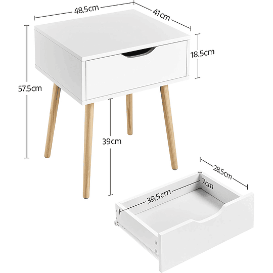 2 peças Nordica Mesas de cabeceira para quarto Mesinhas de cabeceira brancas com mesa lateral de perna de madeira maciça com gaveta 48,5x41x57,5cm para quarto sala de est...