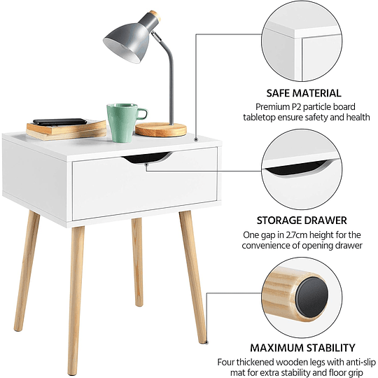 2 peças Nordica Mesas de cabeceira para quarto Mesinhas de cabeceira brancas com mesa lateral de perna de madeira maciça com gaveta 48,5x41x57,5cm para quarto sala de est...