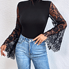 Contrast Lace Mock Neck Bodysuit, Elegante Bell Sleeve Sheer Bodysuit, Roupas Femininas