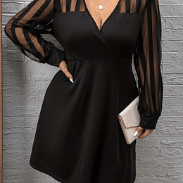 Vestido Casual Plus Size, Vestido de Malha Médio com Mangas Lanternas de Malha Contrastante Listrada Sólida para Mulheres com Decote Transpassado e Média Elasticidade