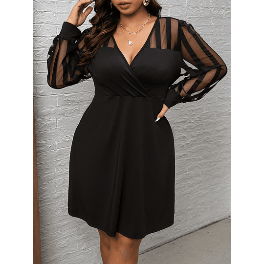 Vestido Casual Plus Size, Vestido de Malha Médio com Mangas Lanternas de Malha Contrastante Listrada Sólida para Mulheres com Decote Transpassado e Média Elasticidade