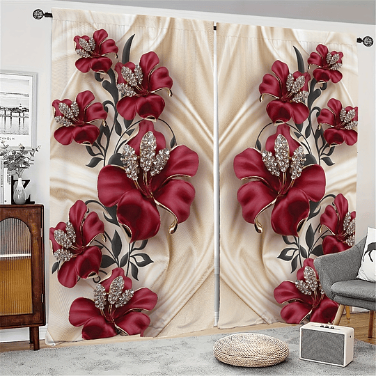 2pcs Cortinas De Janela, Cortinas De Poliéster De Fundo Preto Com Rosas Vermelhas, Tratamento De Janela Com Bolso De Haste Para Quarto Sala De Estar Escritório Quarto Adolescente D...