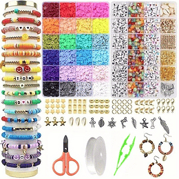 6800Pcs 24 Cores Kit De Contas De Argila Polimérica Plana Redonda Com 900Pcs Letras Beads E 2 Casos De Corda Elástica, Encantos Para DIY Bracelet Necklace Jewelry Making Crafts