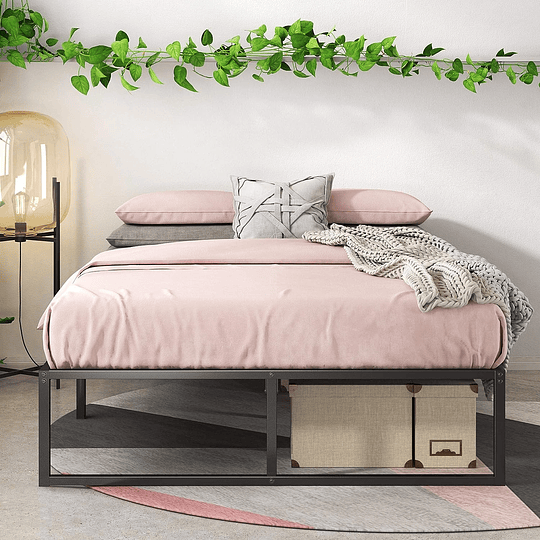 Estrutura de cama com plataforma de metal de 36 cm, base de ripas de aço, armazenamento sob a cama, fácil montagem, 135 x 190 cm, preto