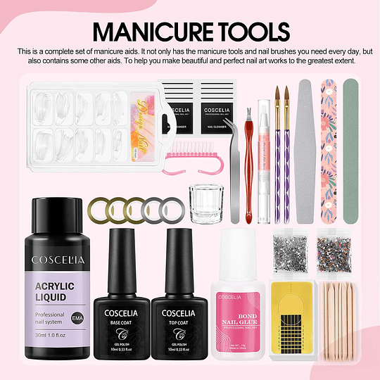 Kit Manicure semipermanente com lâmpada LED unhas Kit, limites para unhas manicure elétrica, brocas, pó de 3 cores para extensão com 30 ml monómero, Nail Art Tools All For Manicure