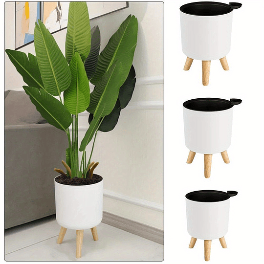 Vaso de flores redondo moderno com pernas de madeira: auto-irrigação, sistema de drenagem, uso interior/exterior, adequado para ervas e bonsai