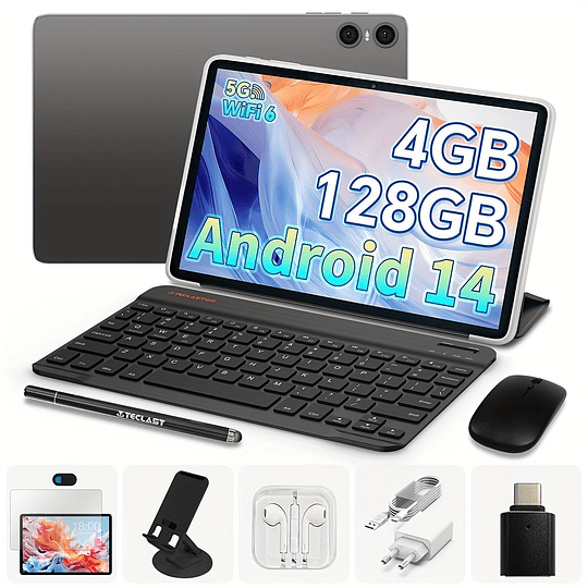 Teclast P30T Tablet 2020 mais recente Android 14 10,1 polegadas, 4 GB de RAM + 128 GB de ROM com 1 TB de expansão Tablet PC, tablets 2 em 1 com teclado, capa Teclast, película protectora, rato sem fio