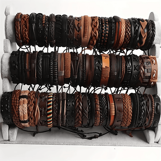 Conjunto de pulseira de couro PU de inspiração tribal vintage, mistura de 20 peças de pulseiras trançadas estilo punk hip-hop, sem revestimento, versátil para festas e uso diário, acessórios para o di