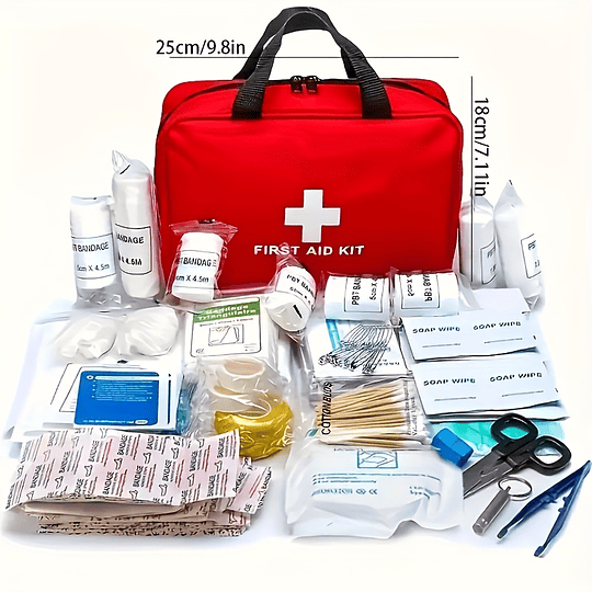 Kit de primeiros socorros de 184 peças - pacote multifuncional de material médico de emergência com compressas embebidas em álcool, tesouras, pinças, ligaduras, torniquete, fita adesiva, toalhitas