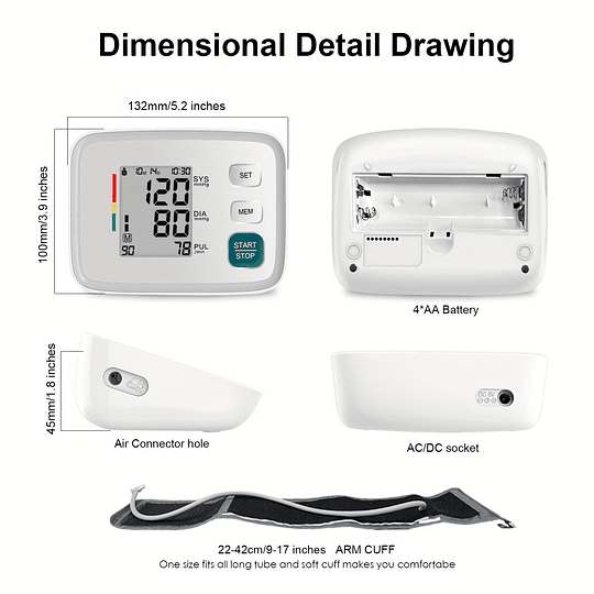 Monitor doméstico de pressão arterial com manguito de pressão arterial de 8,7-17 polegadas Manguito BP Máquina automática de pressão arterial digital com manguito de braço superior (pilhas não incluíd